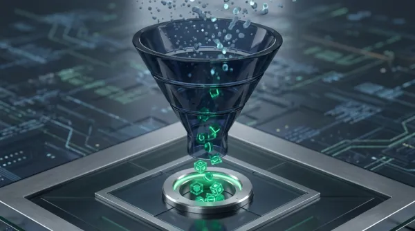 Interface conceitual 3D abstrata em modo escuro mostrando feixes de luz verde esmeralda representando tráfego sendo convertidos em gráficos de alta performance financeira para uma campanha focada em conversão em vez de cliques.