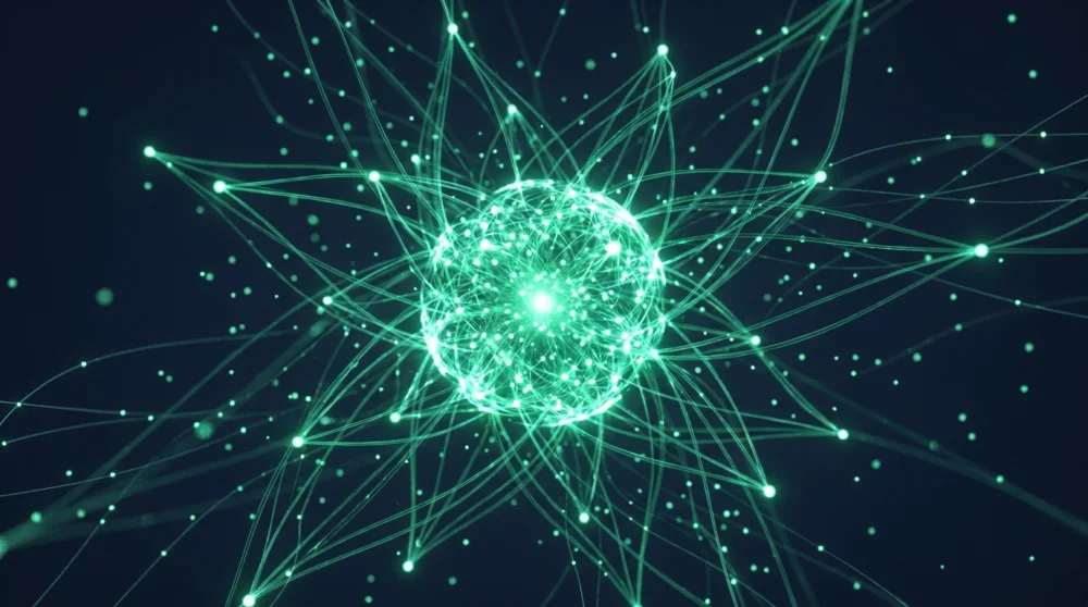 Ilustração de uma rede neural verde esmeralda com nós de luz convergindo para um núcleo central