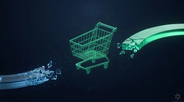 Ilustração de um carrinho de compras digital com caminho de checkout se reorganizando em uma estrutura sólida