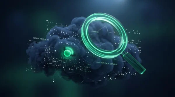 Ilustração de uma lupa verde esmeralda escaneando uma nuvem de dados em busca de um ponto de luz específico
