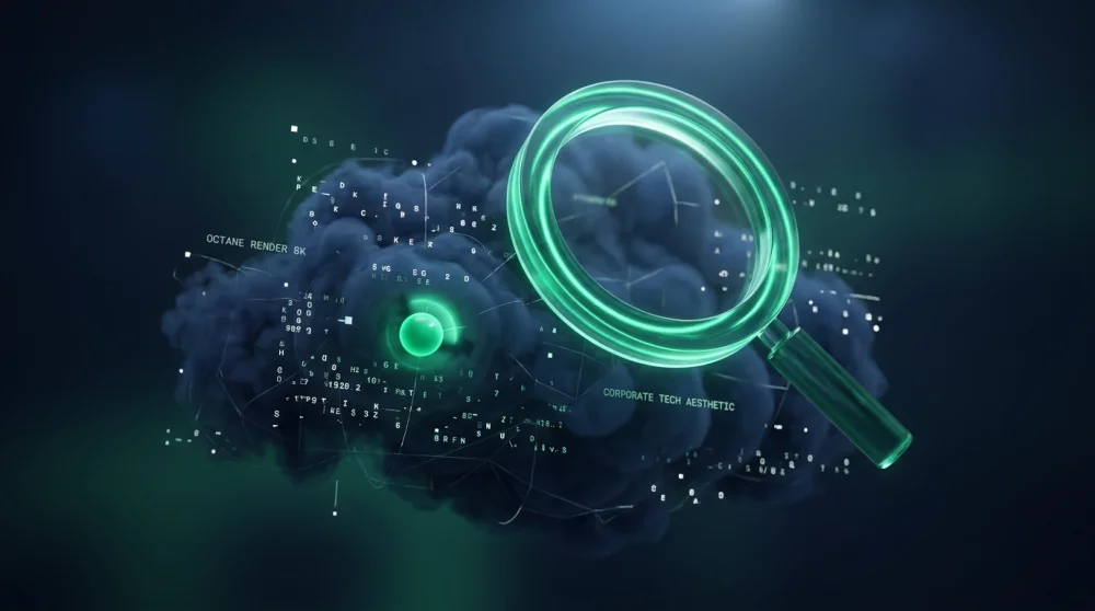Ilustração de uma lupa verde esmeralda escaneando uma nuvem de dados em busca de um ponto de luz específico